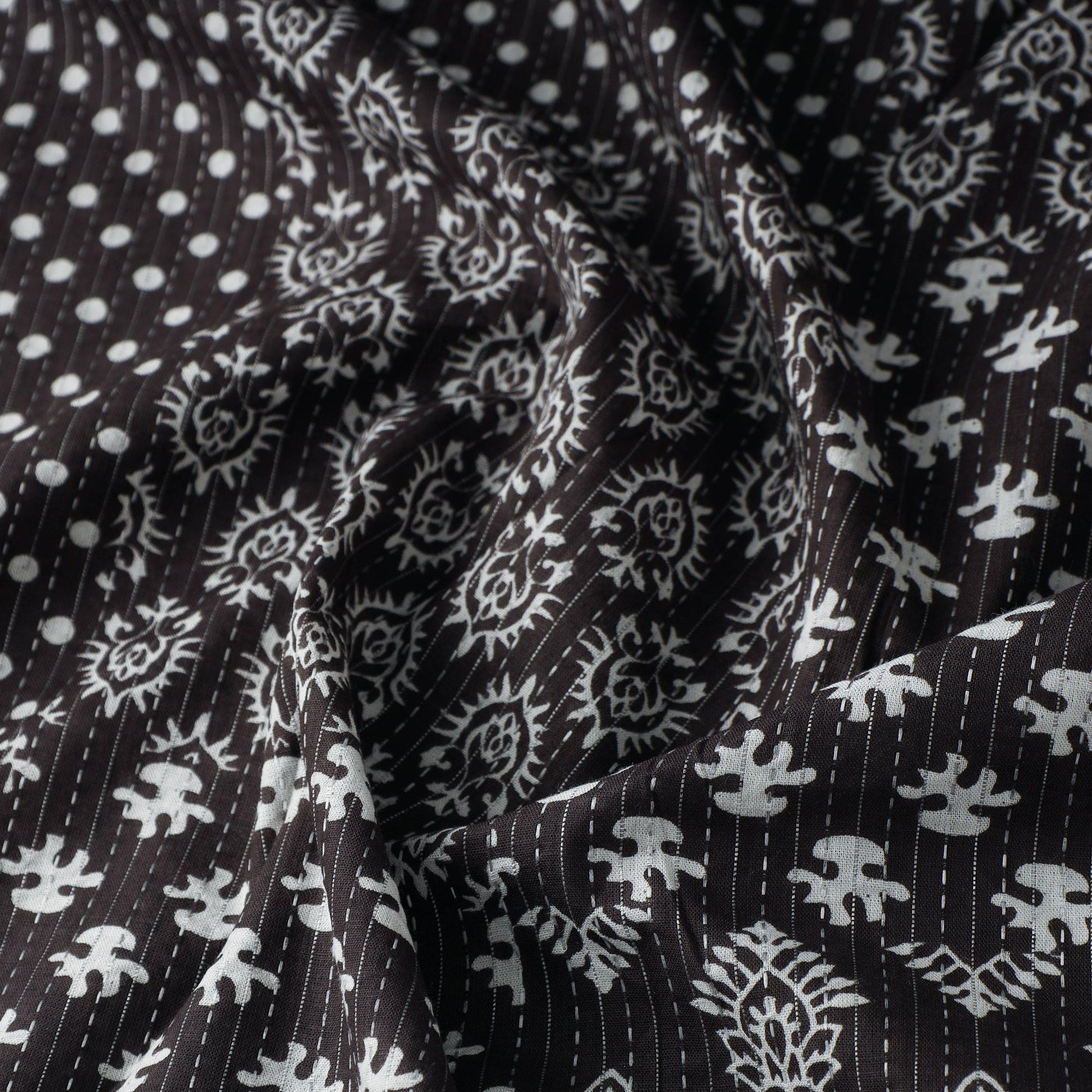 Black - Kantha Stitch Cotton Jaipur Print Fabric 07