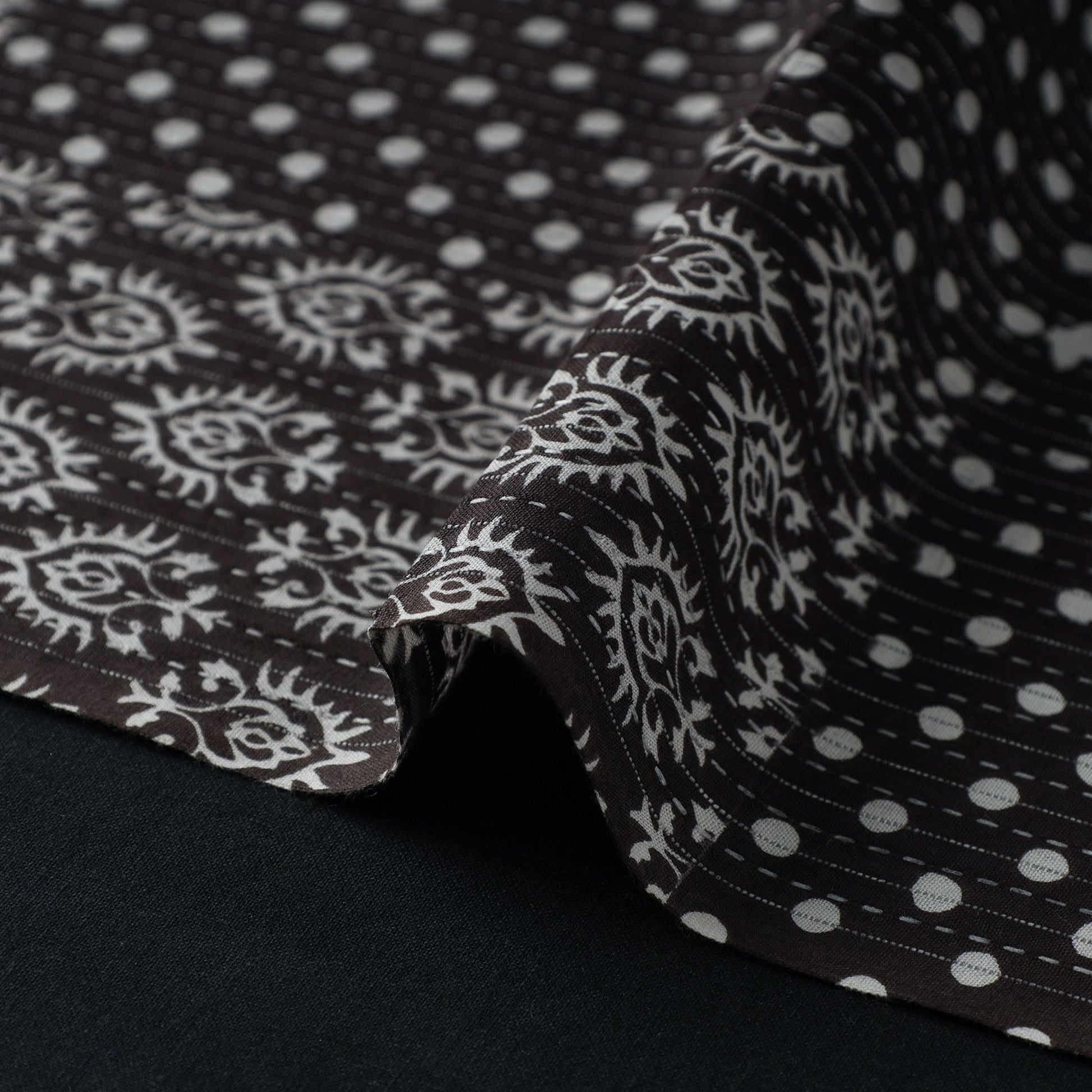 Black - Kantha Stitch Cotton Jaipur Print Fabric 07