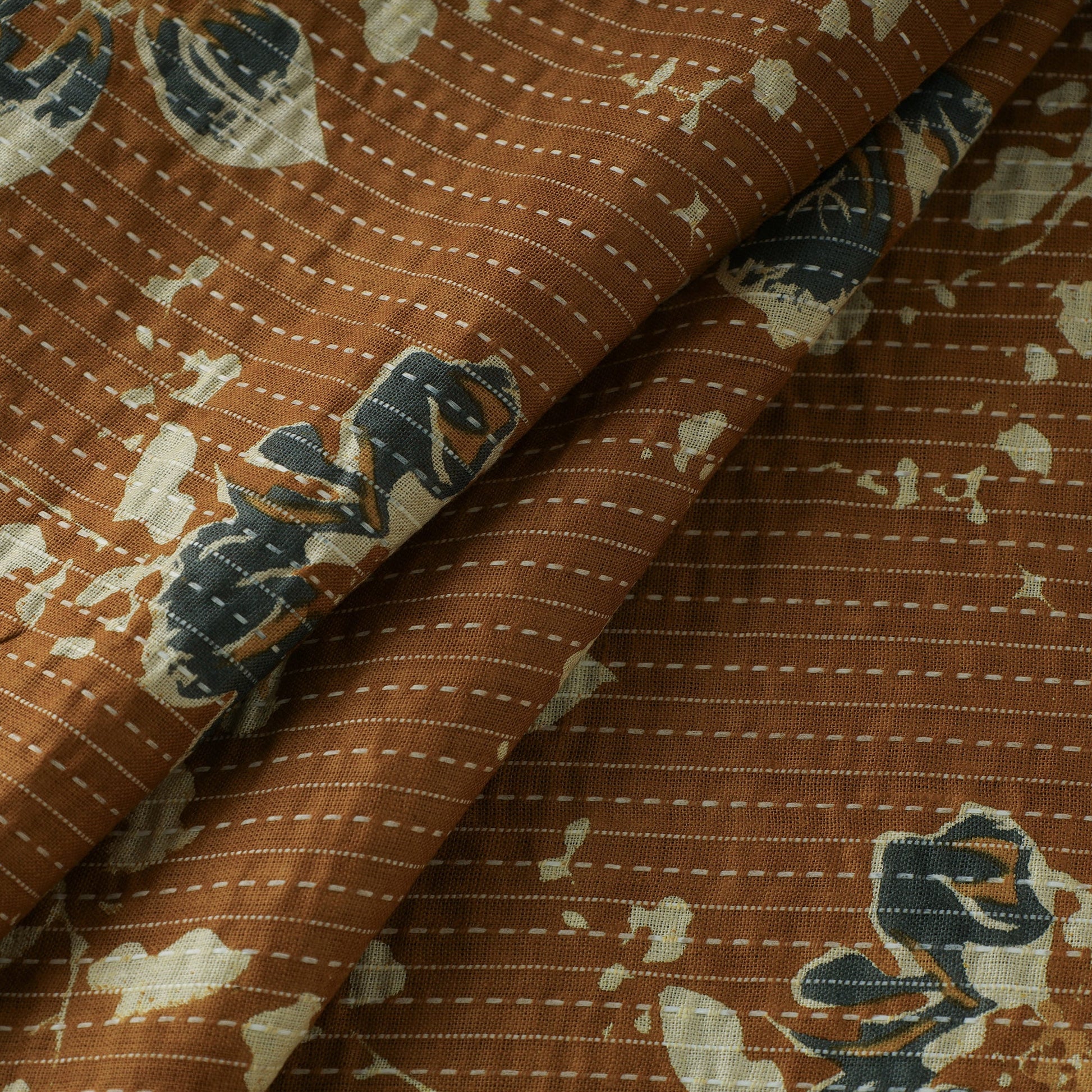 Brown - Kantha Stitch Cotton Jaipur Print Fabric 11