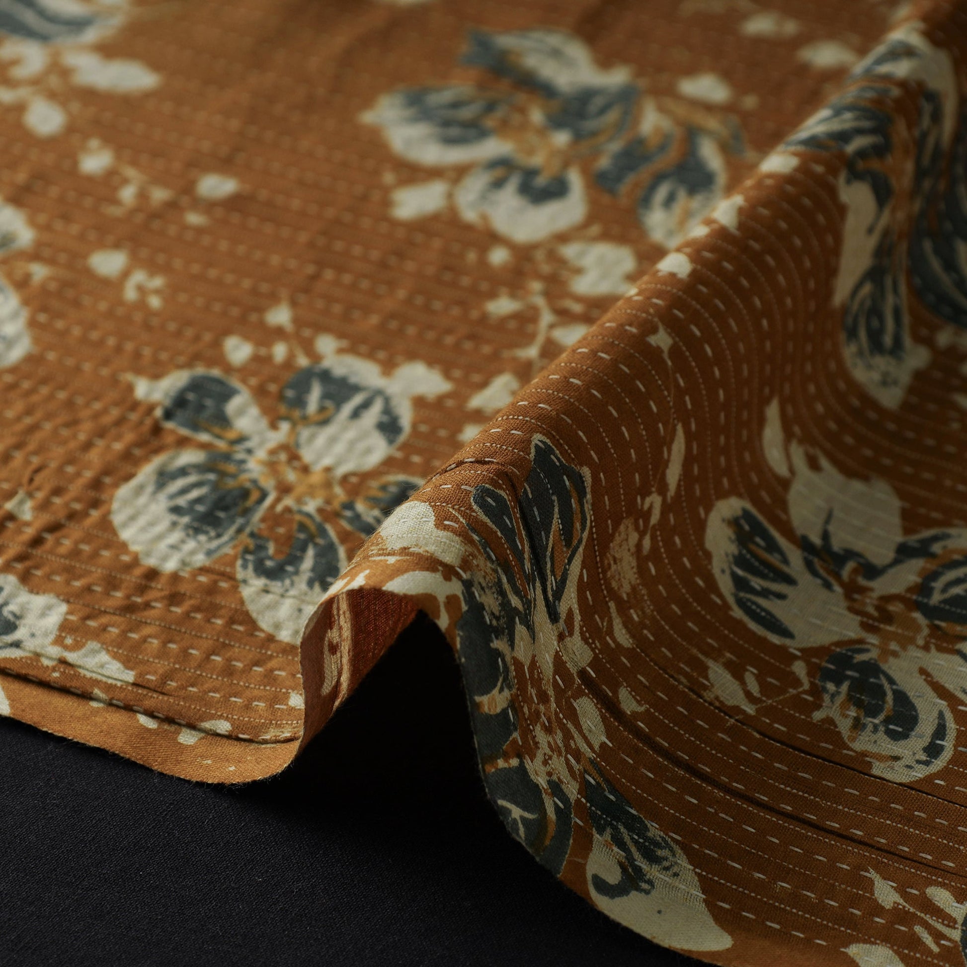 Brown - Kantha Stitch Cotton Jaipur Print Fabric 11