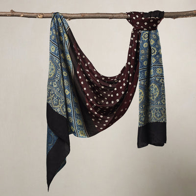 Brown - Kutch Bandhani Tie-Dye Ajrakh Block Printed Modal Silk Stole