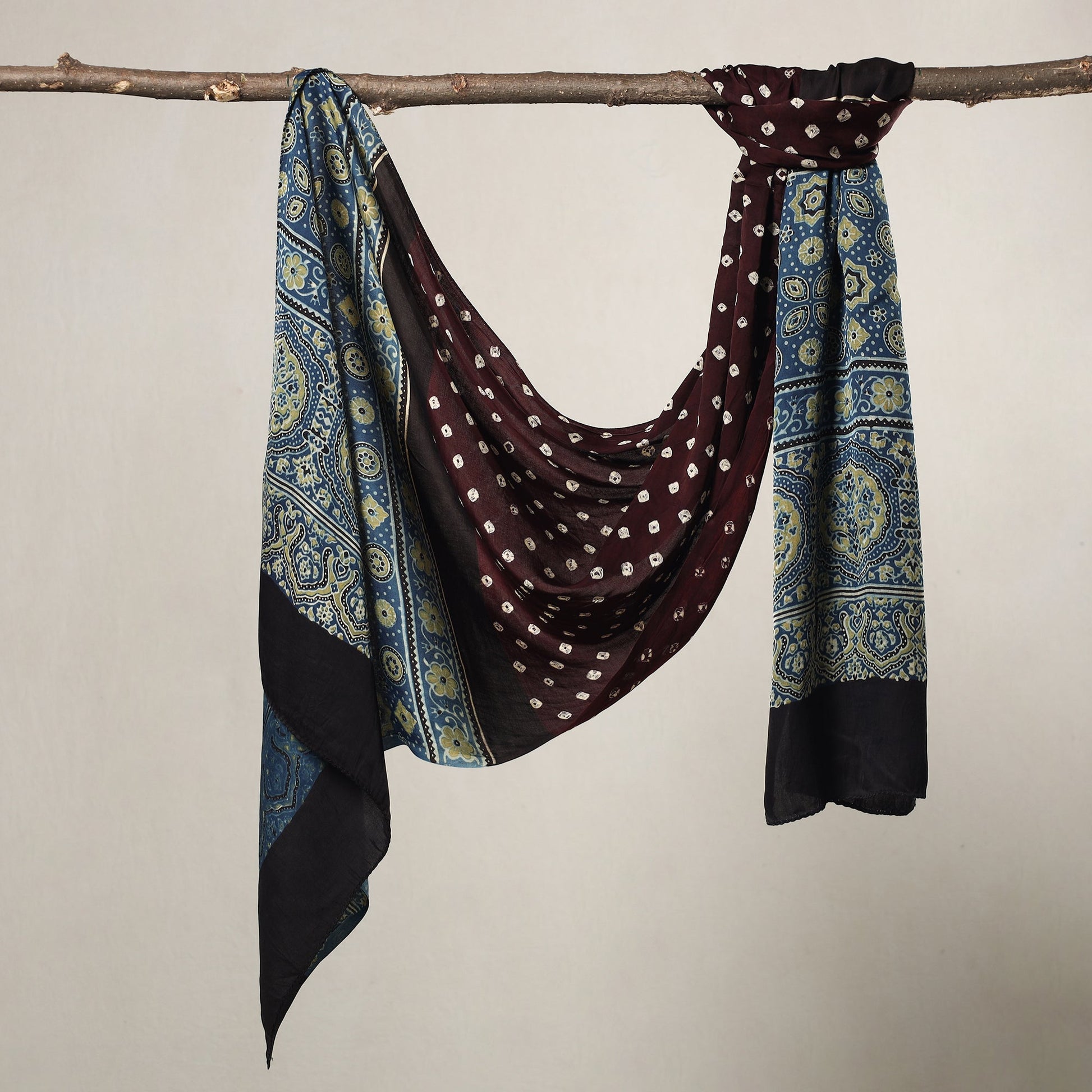 Brown - Kutch Bandhani Tie-Dye Ajrakh Block Printed Modal Silk Stole
