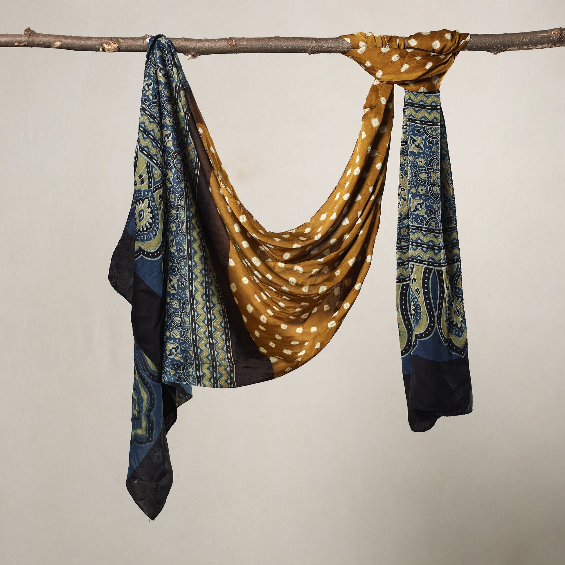Brown - Kutch Bandhani Tie-Dye Ajrakh Block Printed Modal Silk Stole