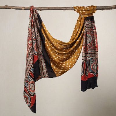 Brown - Kutch Bandhani Tie-Dye Ajrakh Block Printed Modal Silk Stole