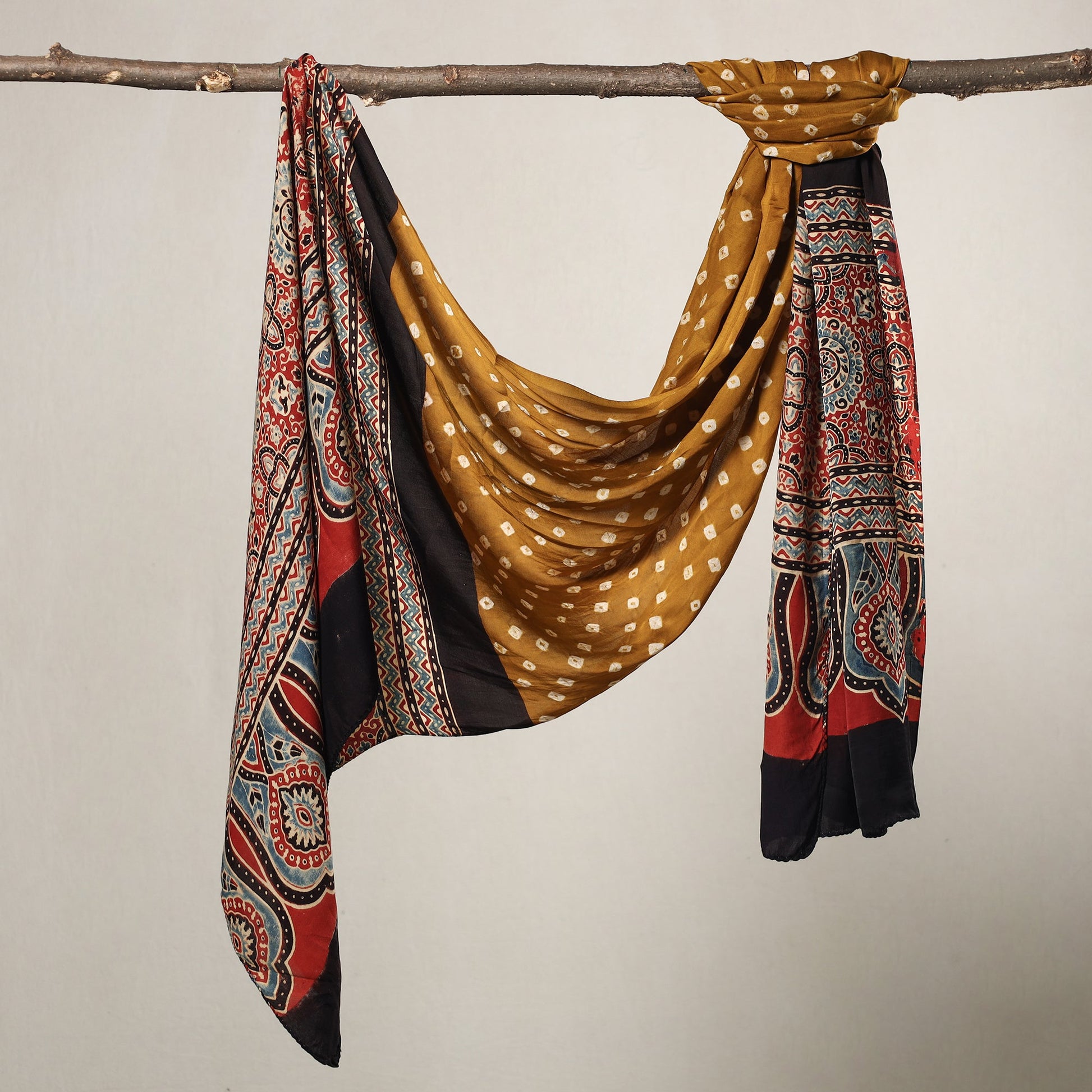 Brown - Kutch Bandhani Tie-Dye Ajrakh Block Printed Modal Silk Stole