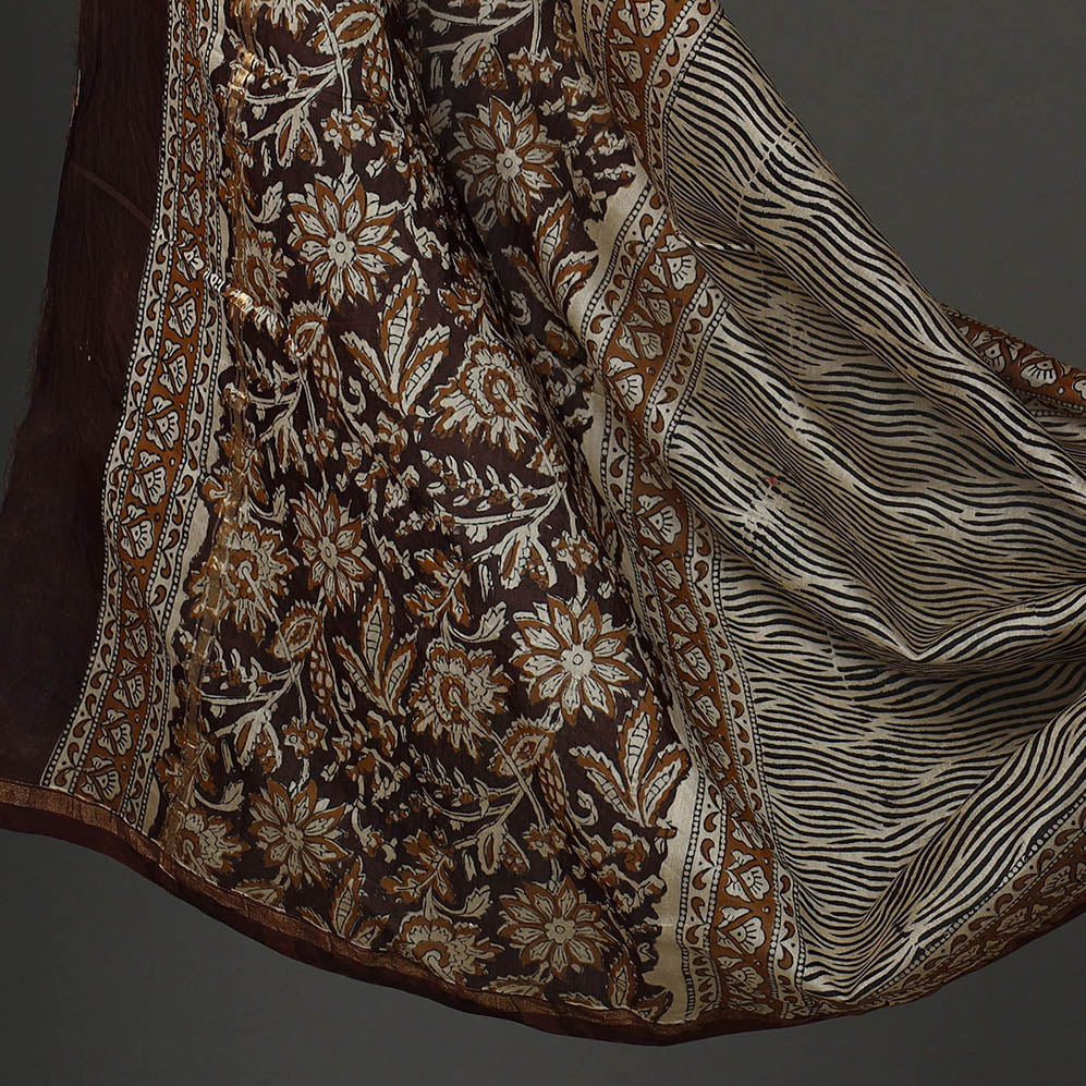 Brown -  3pc Bagru Print Chanderi Silk Dress Material 01