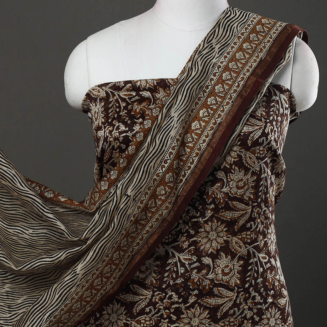 Brown -  3pc Bagru Print Chanderi Silk Dress Material 01