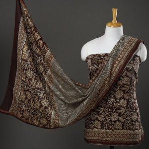 Brown -  3pc Bagru Print Chanderi Silk Dress Material 01
