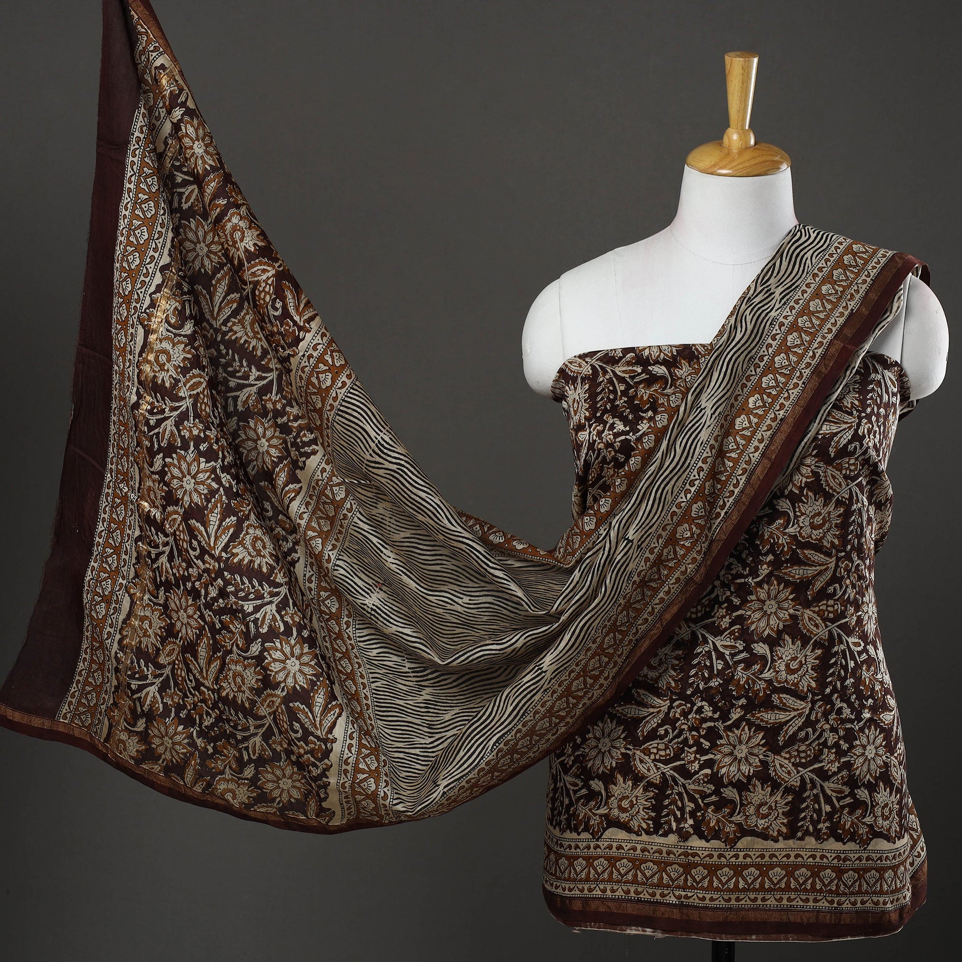 Brown -  3pc Bagru Print Chanderi Silk Dress Material 01