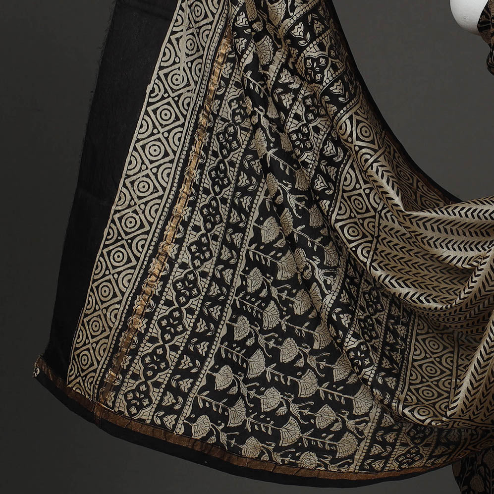 Black - 3pc Bagru Print Chanderi Silk Dress Material 04