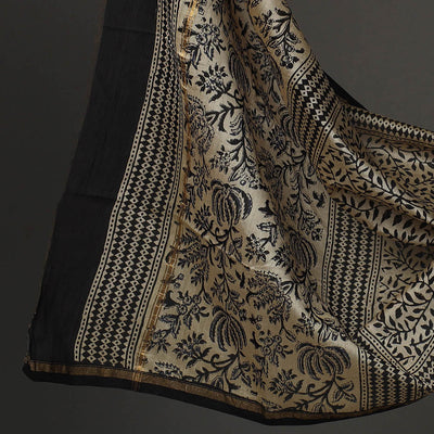 Beige - 3pc Bagru Print Chanderi Silk Dress Material 05
