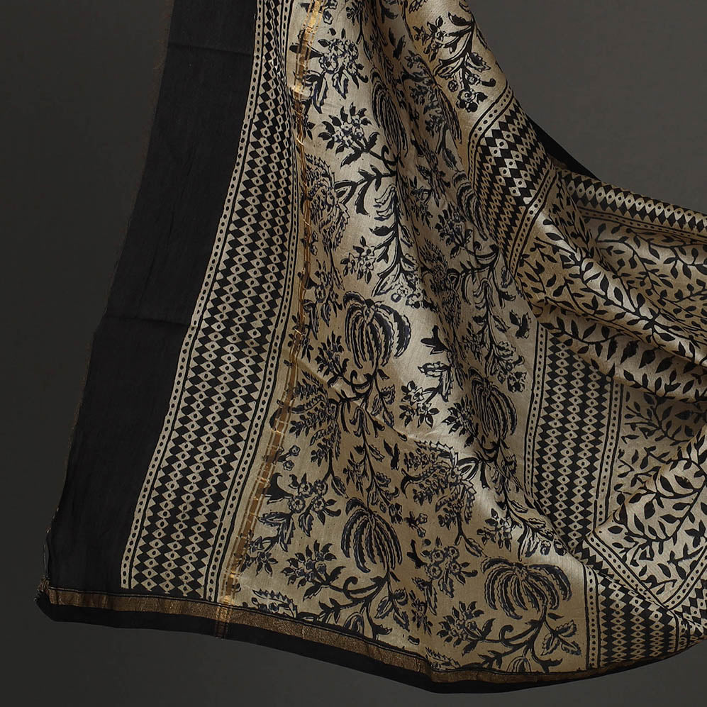 Beige - 3pc Bagru Print Chanderi Silk Dress Material 05