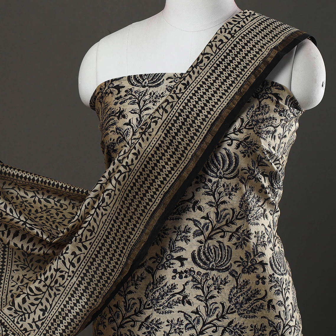 Beige - 3pc Bagru Print Chanderi Silk Dress Material 05