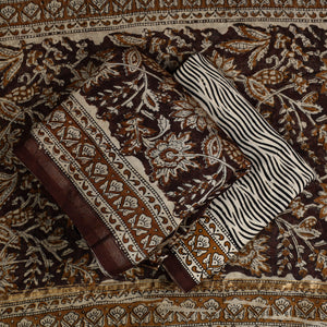 Brown -  3pc Bagru Print Chanderi Silk Dress Material 01