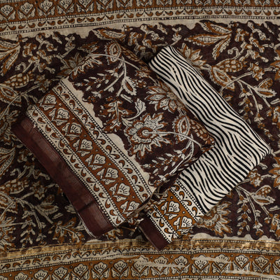Brown -  3pc Bagru Print Chanderi Silk Dress Material 01