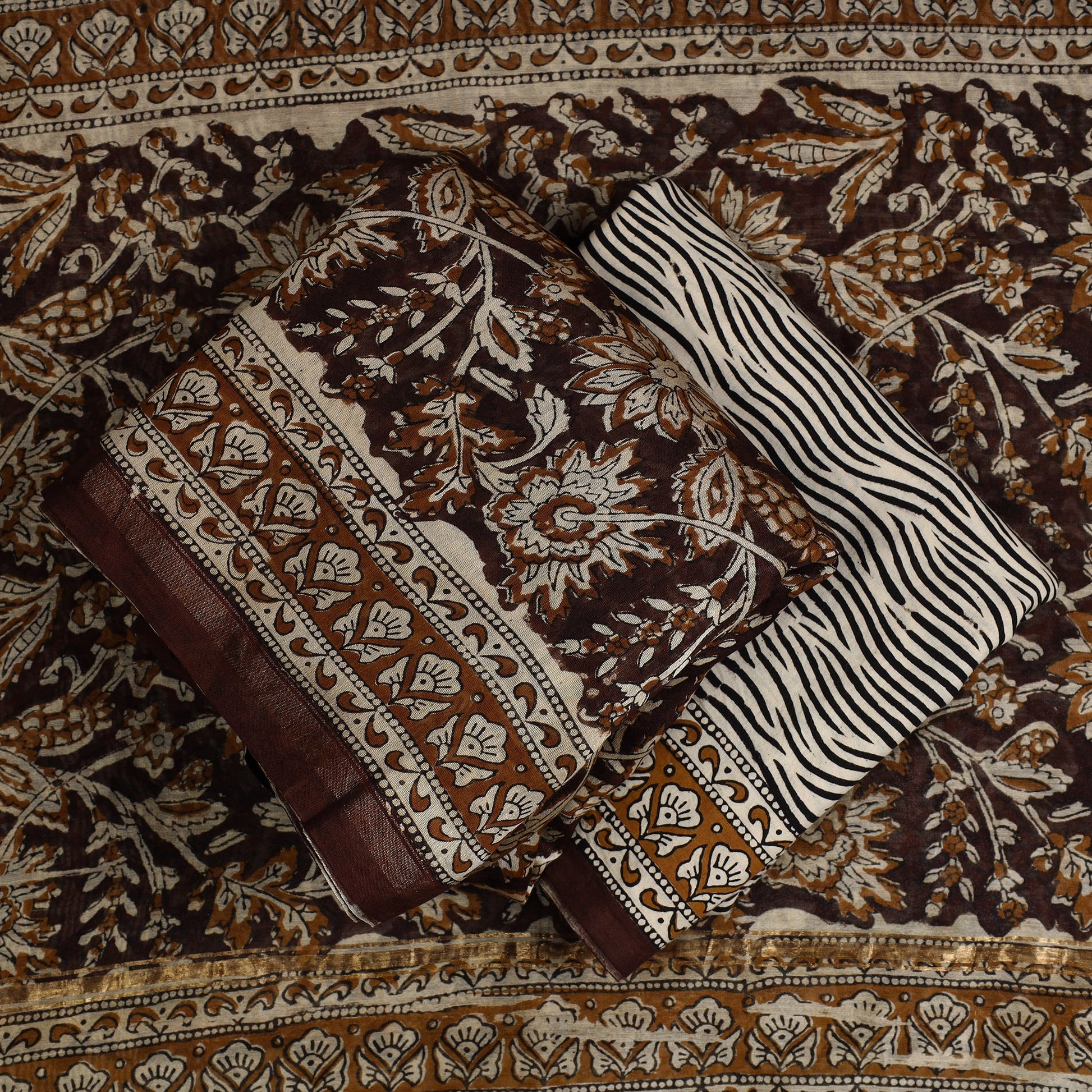 Brown -  3pc Bagru Print Chanderi Silk Dress Material 01