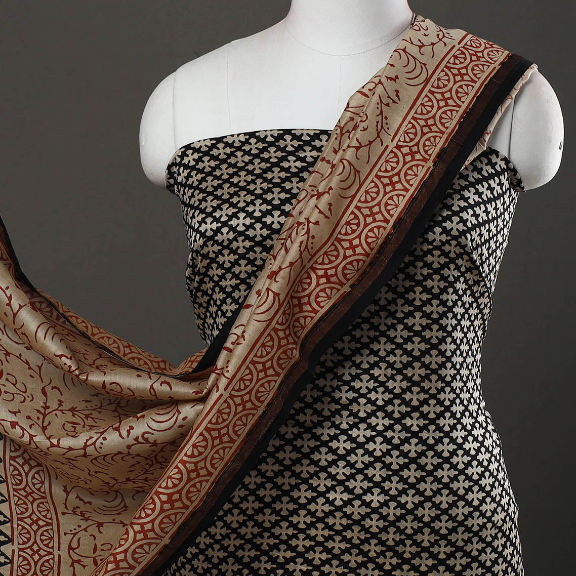 Black - 3pc Bagru Print Chanderi Silk Dress Material 07