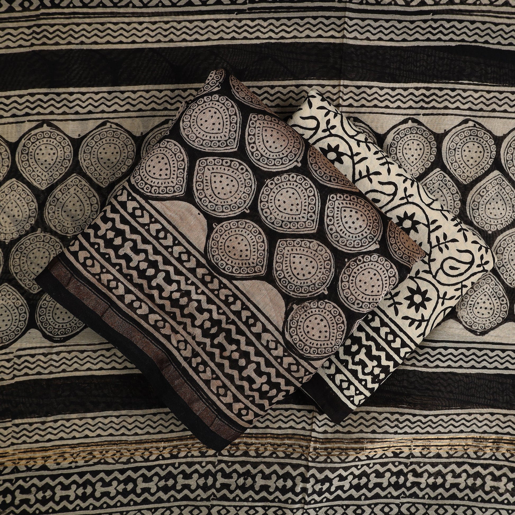 Black - 3pc Bagru Print Chanderi Silk Dress Material 06
