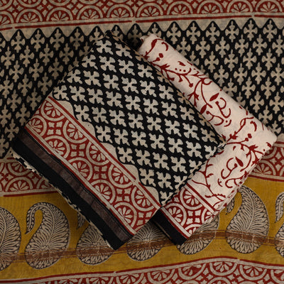 Black - 3pc Bagru Print Chanderi Silk Dress Material 07