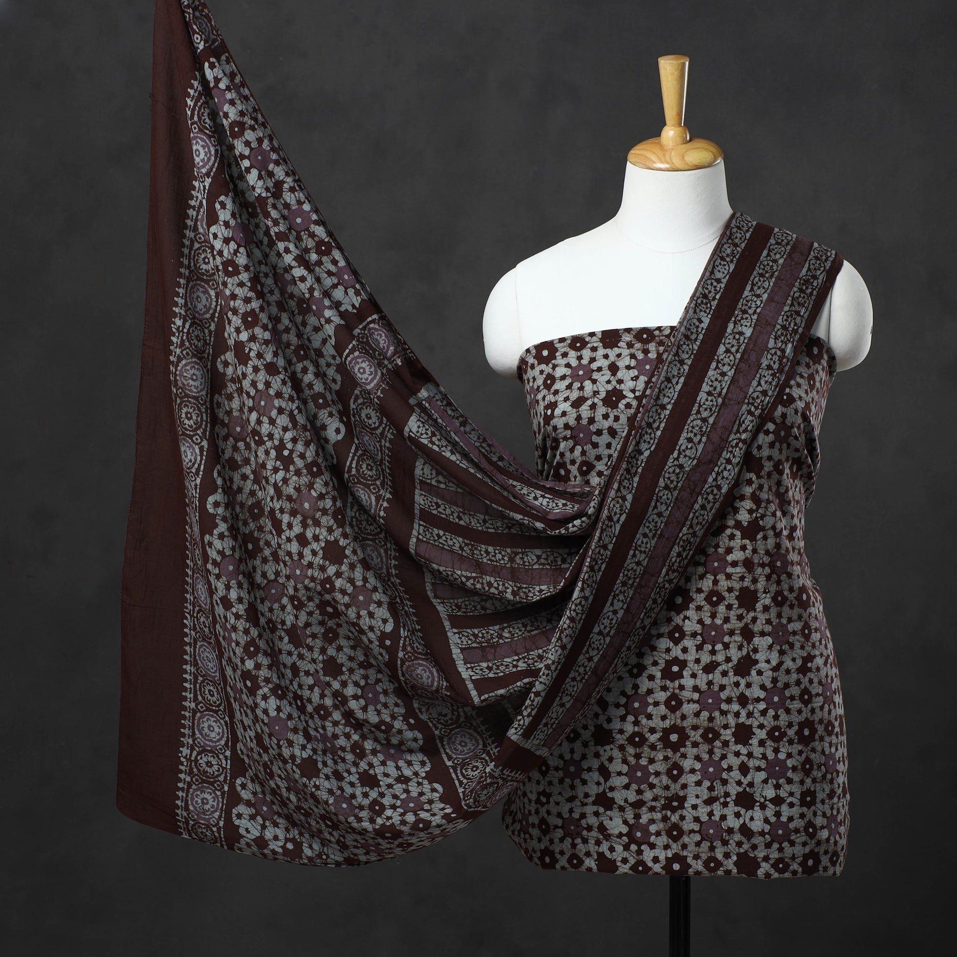 Brown - Kutch Print Cotton 3pc Batik Dress Material 31