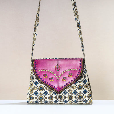 Beige - Handcrafted Ajrakh Mashru Silk Sling Bag with Leather Flap