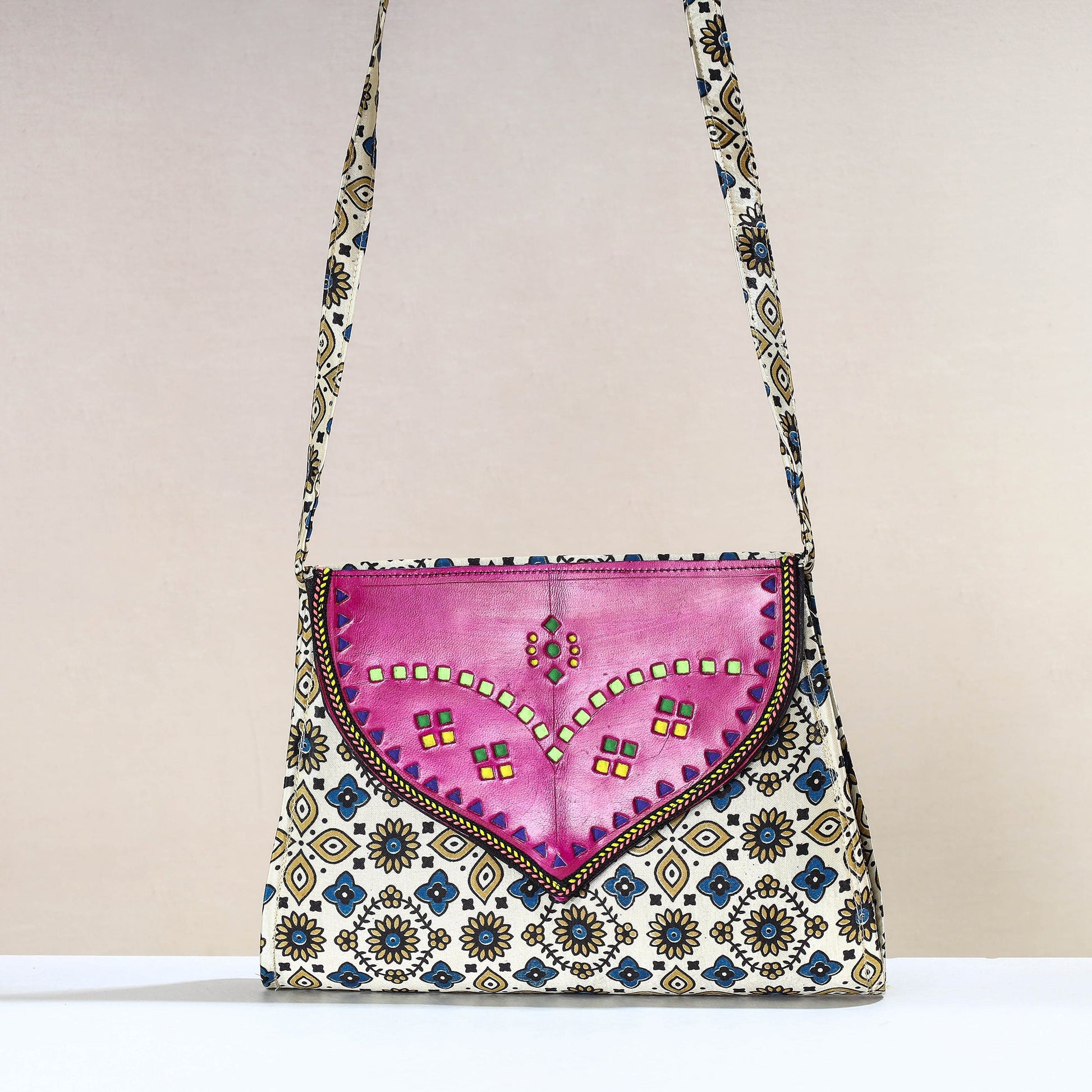 Beige - Handcrafted Ajrakh Mashru Silk Sling Bag with Leather Flap