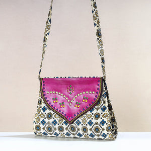 Beige - Handcrafted Ajrakh Mashru Silk Sling Bag with Leather Flap