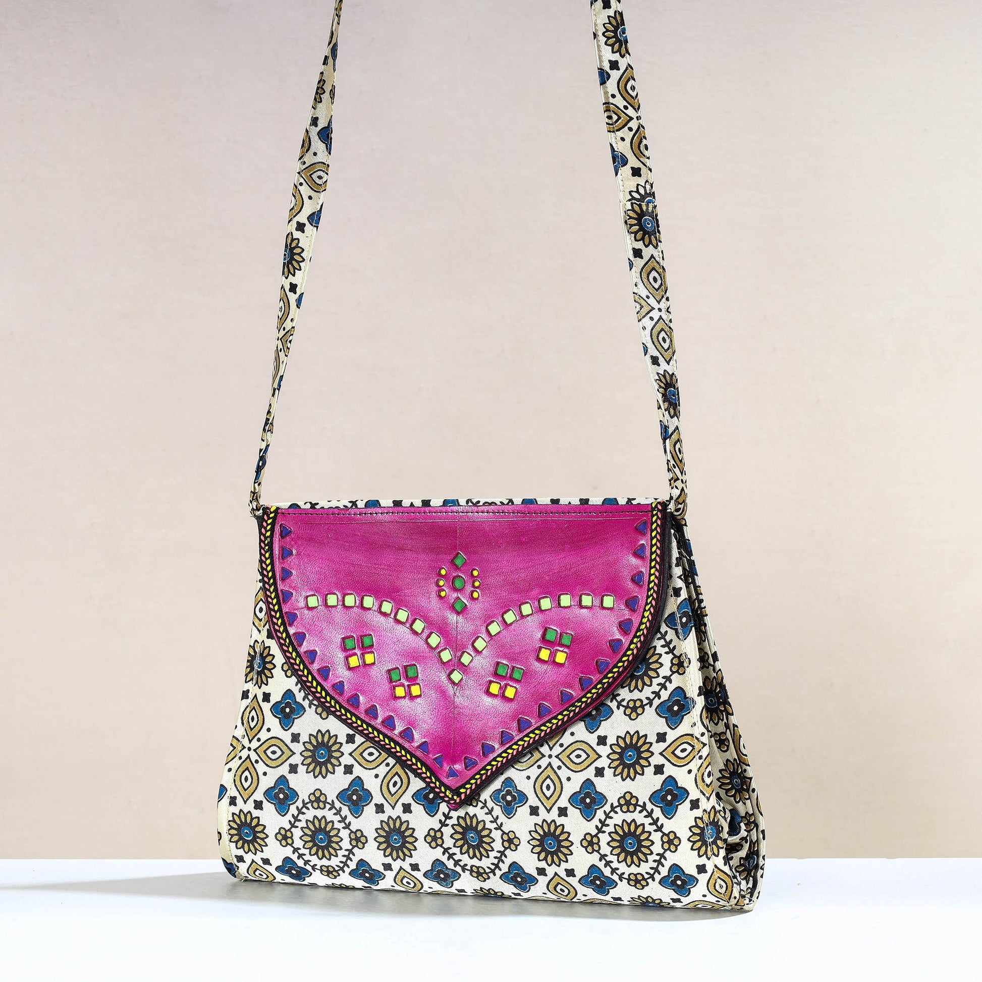 Beige - Handcrafted Ajrakh Mashru Silk Sling Bag with Leather Flap