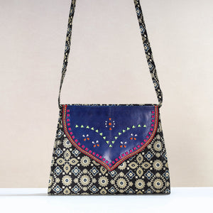 Black - Handcrafted Ajrakh Mashru Silk Sling Bag with Leather Flap
