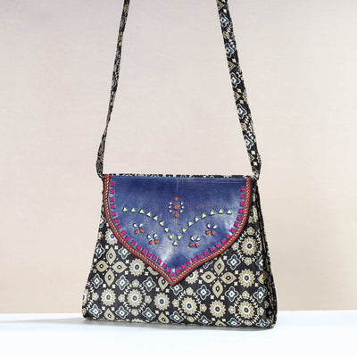 Black - Handcrafted Ajrakh Mashru Silk Sling Bag with Leather Flap