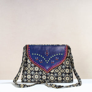 Black - Handcrafted Ajrakh Mashru Silk Sling Bag with Leather Flap