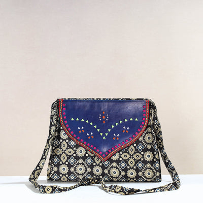 Black - Handcrafted Ajrakh Mashru Silk Sling Bag with Leather Flap
