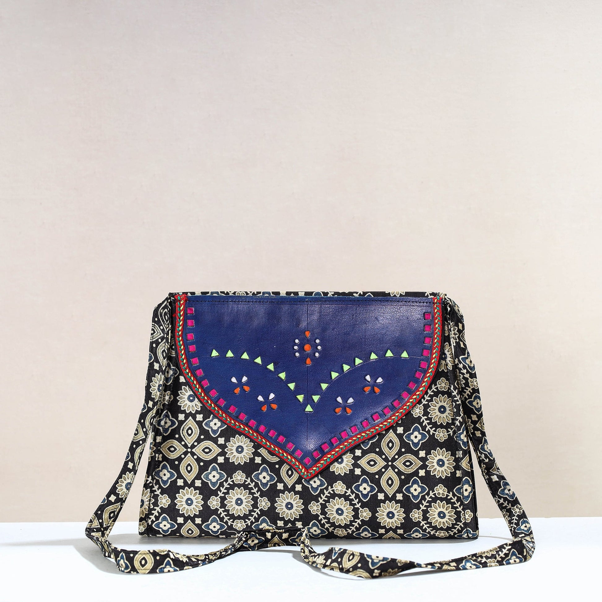 Black - Handcrafted Ajrakh Mashru Silk Sling Bag with Leather Flap