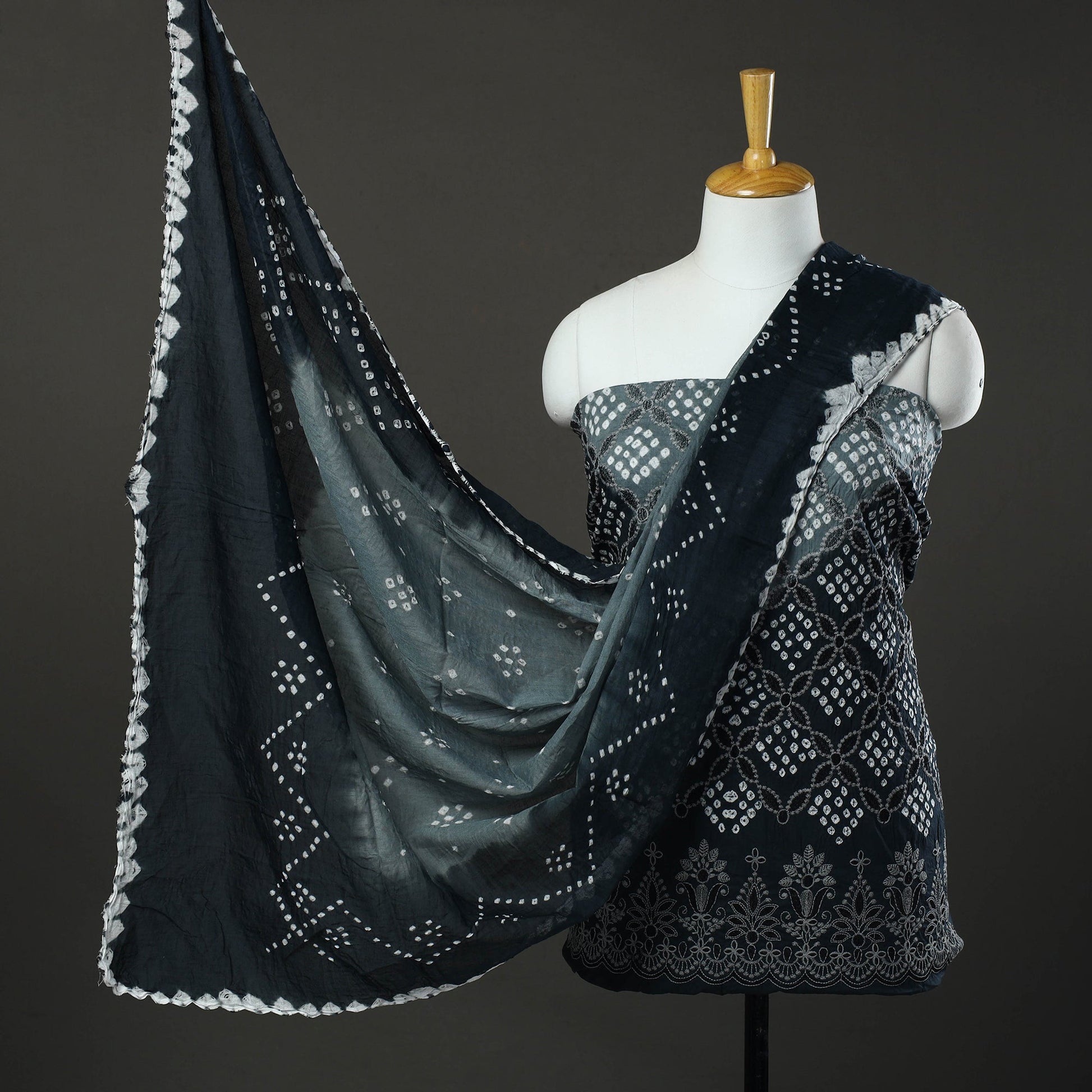 Black - 3pc Tie & Dye Satin Cotton Bandhani Dress Material 72