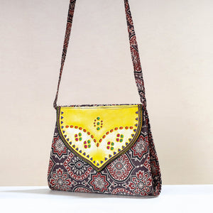 Brown - Handcrafted Ajrakh Mashru Silk Sling Bag with Leather Flap