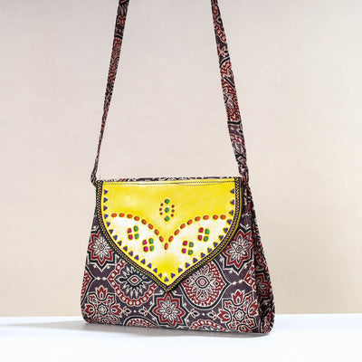 Brown - Handcrafted Ajrakh Mashru Silk Sling Bag with Leather Flap