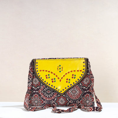 Brown - Handcrafted Ajrakh Mashru Silk Sling Bag with Leather Flap