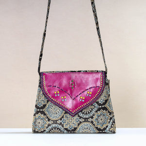 Black - Handcrafted Ajrakh Mashru Silk Sling Bag with Leather Flap