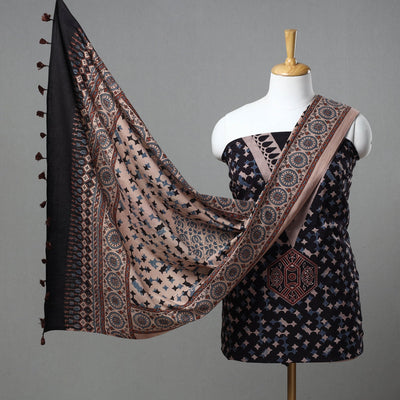 Black - Kutch Block Print Cotton 3pc Ajrakh Dress Material 03