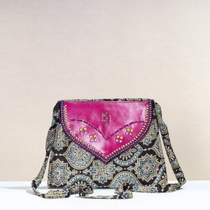 Black - Handcrafted Ajrakh Mashru Silk Sling Bag with Leather Flap