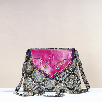 Black - Handcrafted Ajrakh Mashru Silk Sling Bag with Leather Flap