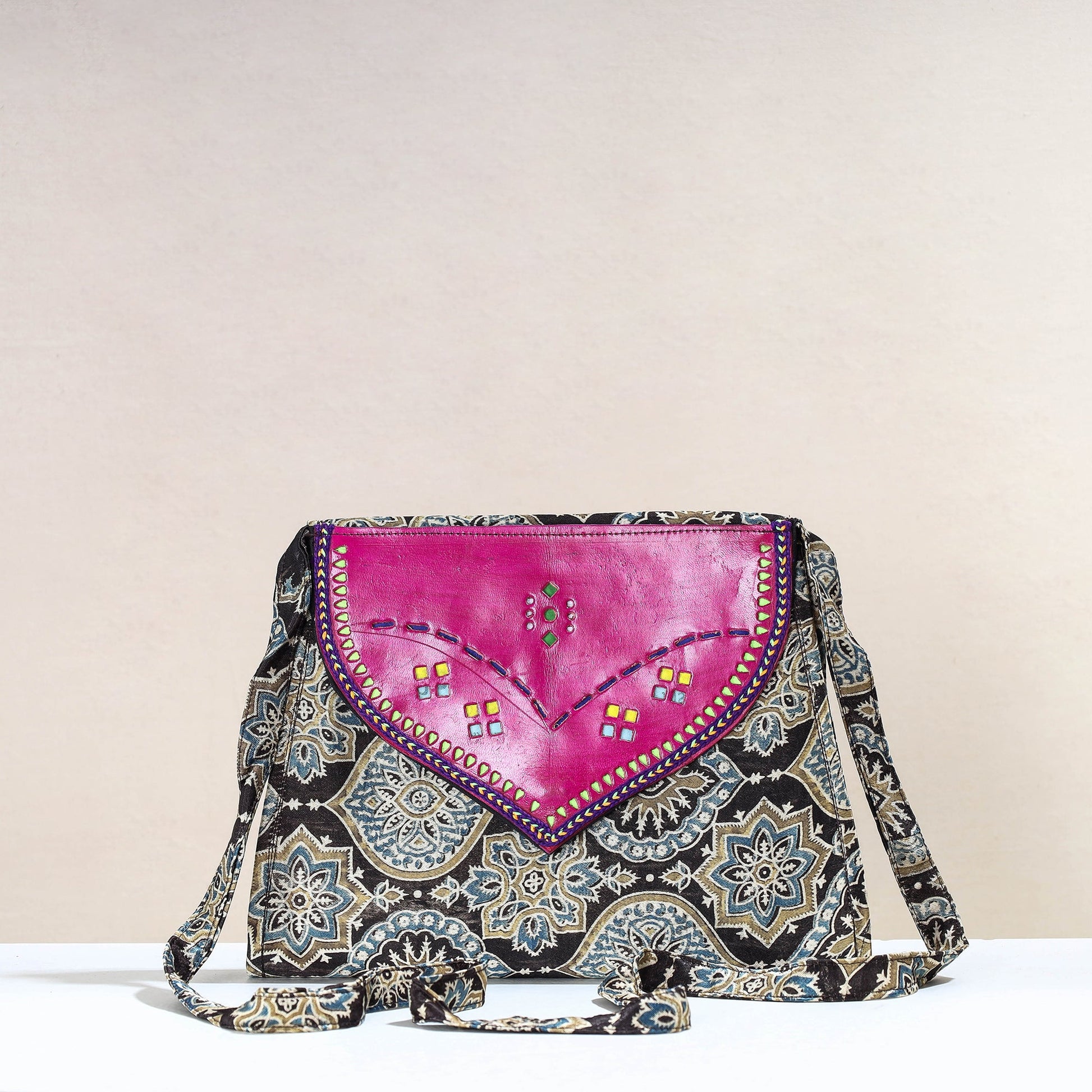 Black - Handcrafted Ajrakh Mashru Silk Sling Bag with Leather Flap