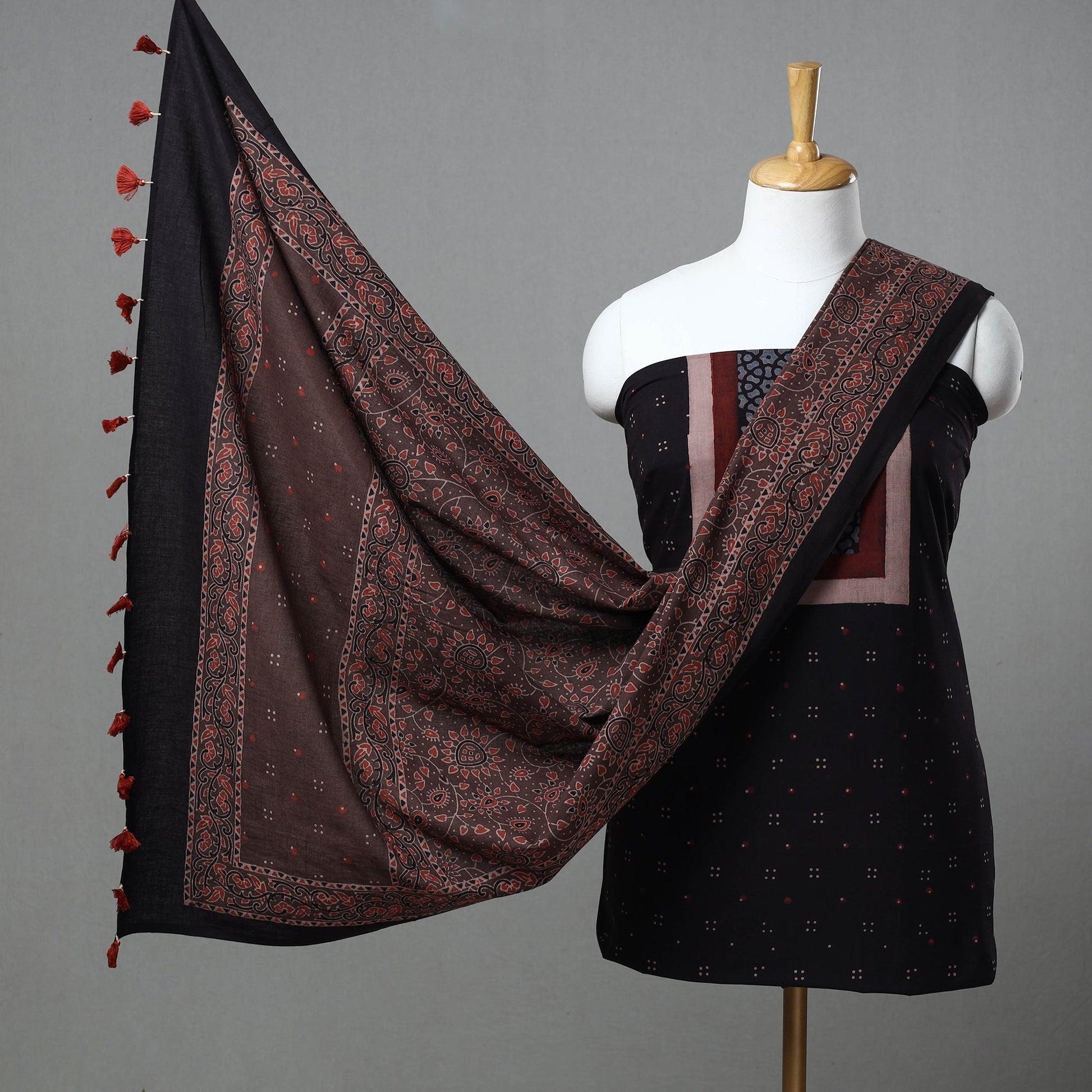 Black - Kutch Block Print Cotton 3pc Ajrakh Dress Material 05