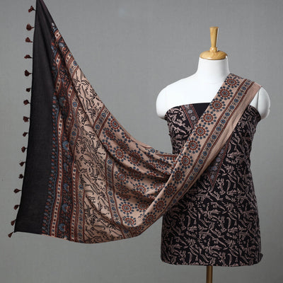 Black - Kutch Block Print Cotton 3pc Ajrakh Dress Material 06