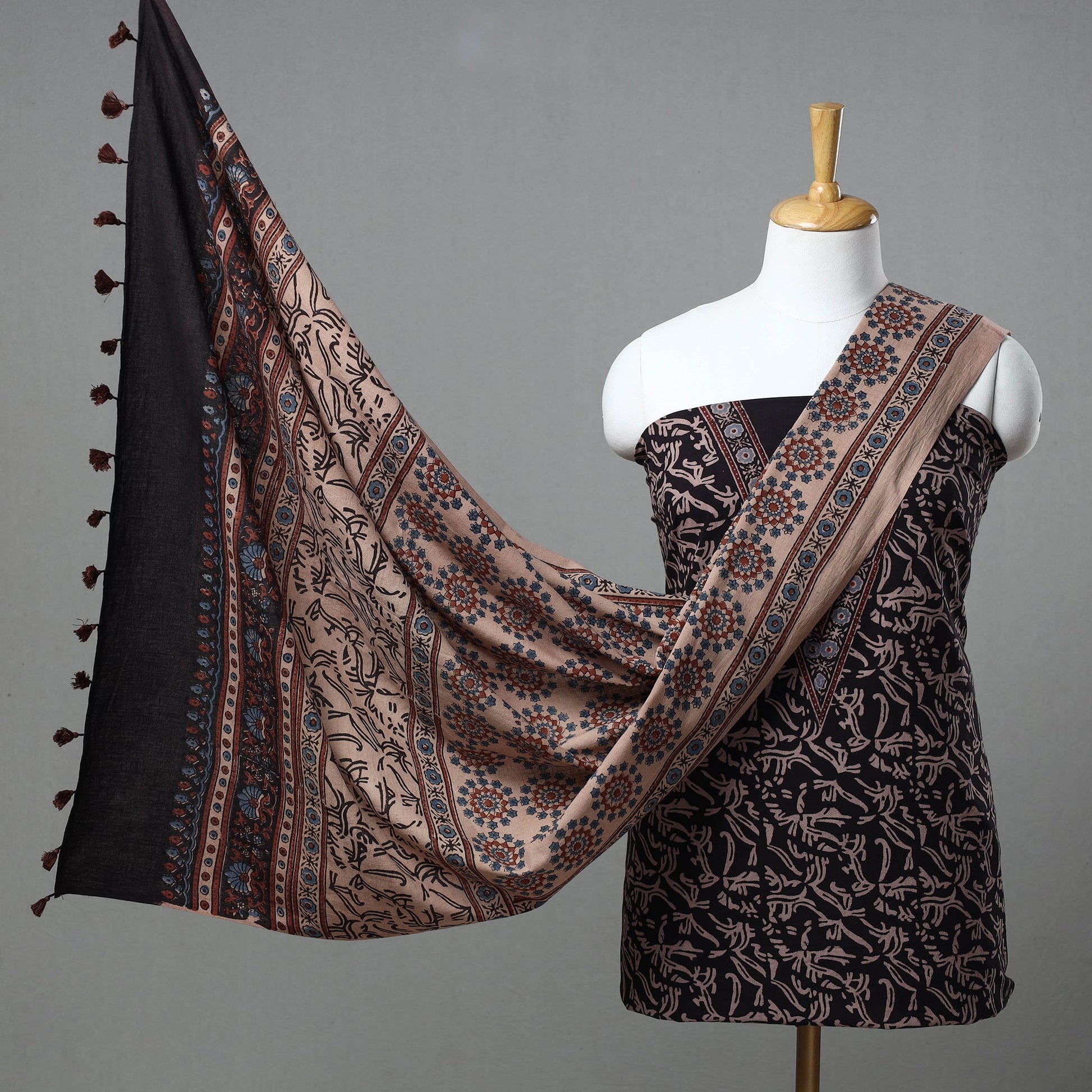 Black - Kutch Block Print Cotton 3pc Ajrakh Dress Material 06