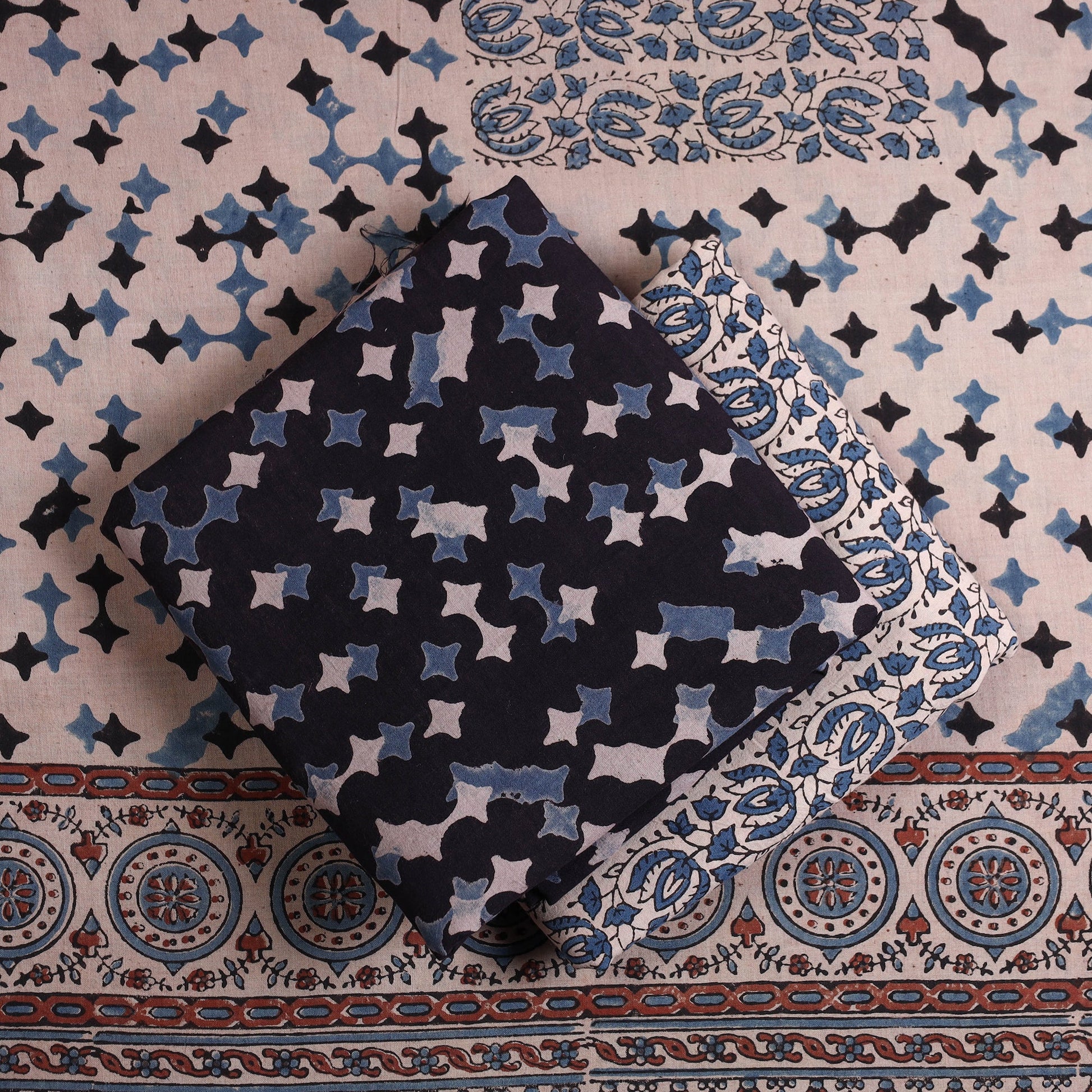 Black - Kutch Block Print Cotton 3pc Ajrakh Dress Material 03