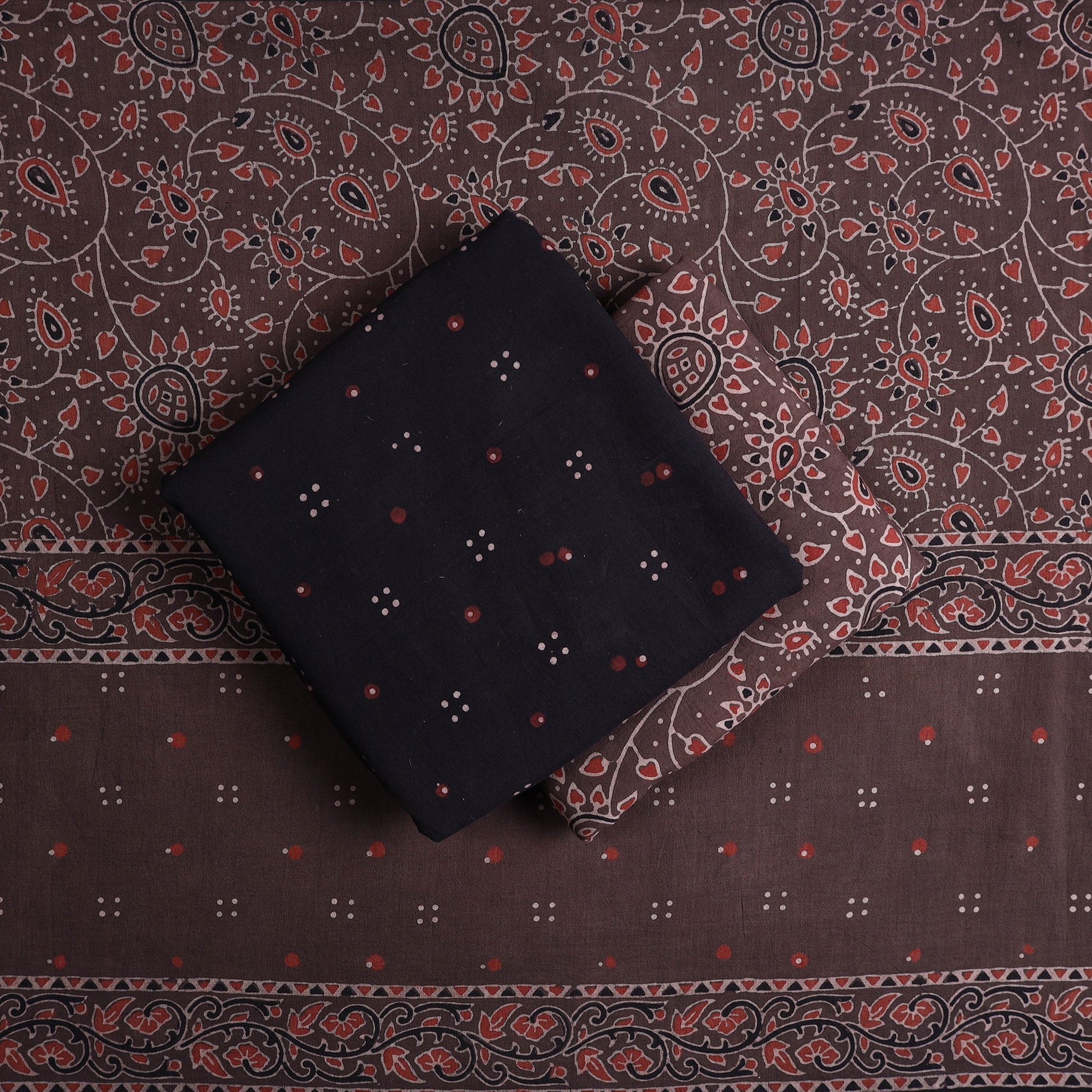 Black - Kutch Block Print Cotton 3pc Ajrakh Dress Material 05