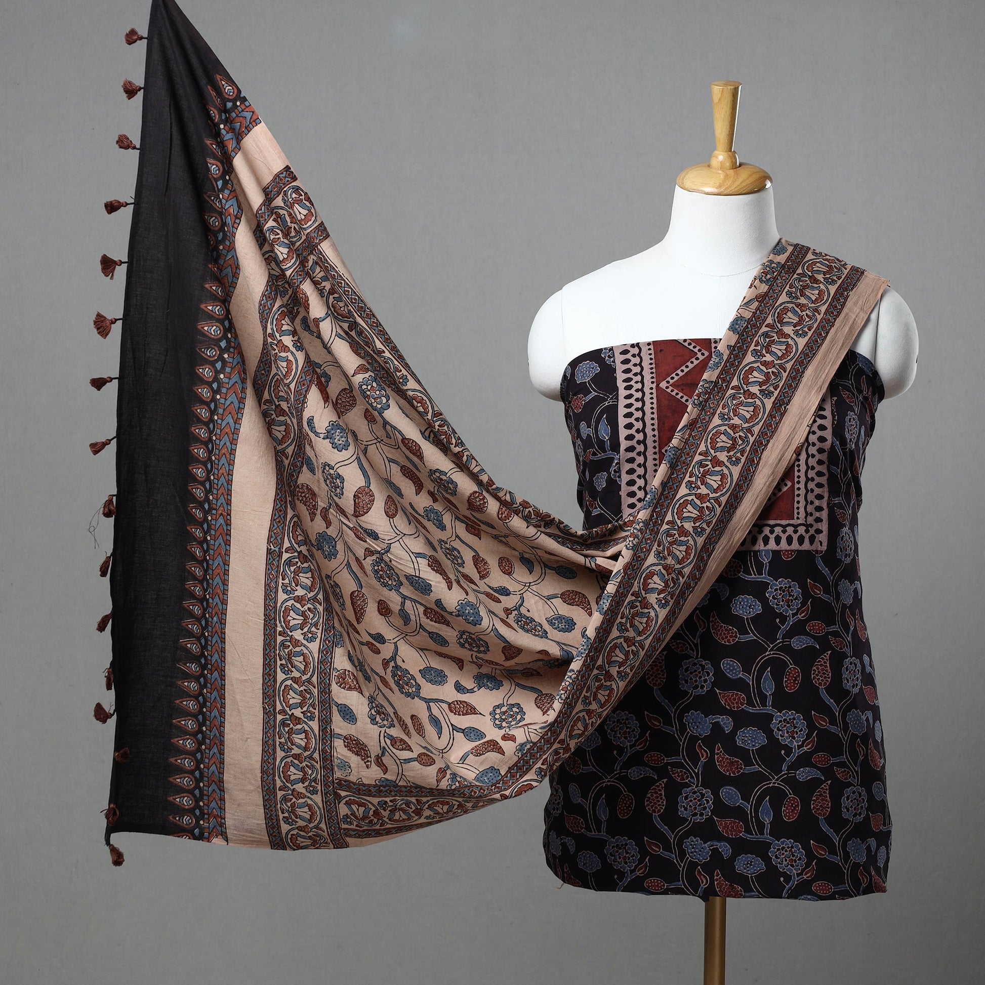 Black - Kutch Block Print Cotton 3pc Ajrakh Dress Material 08