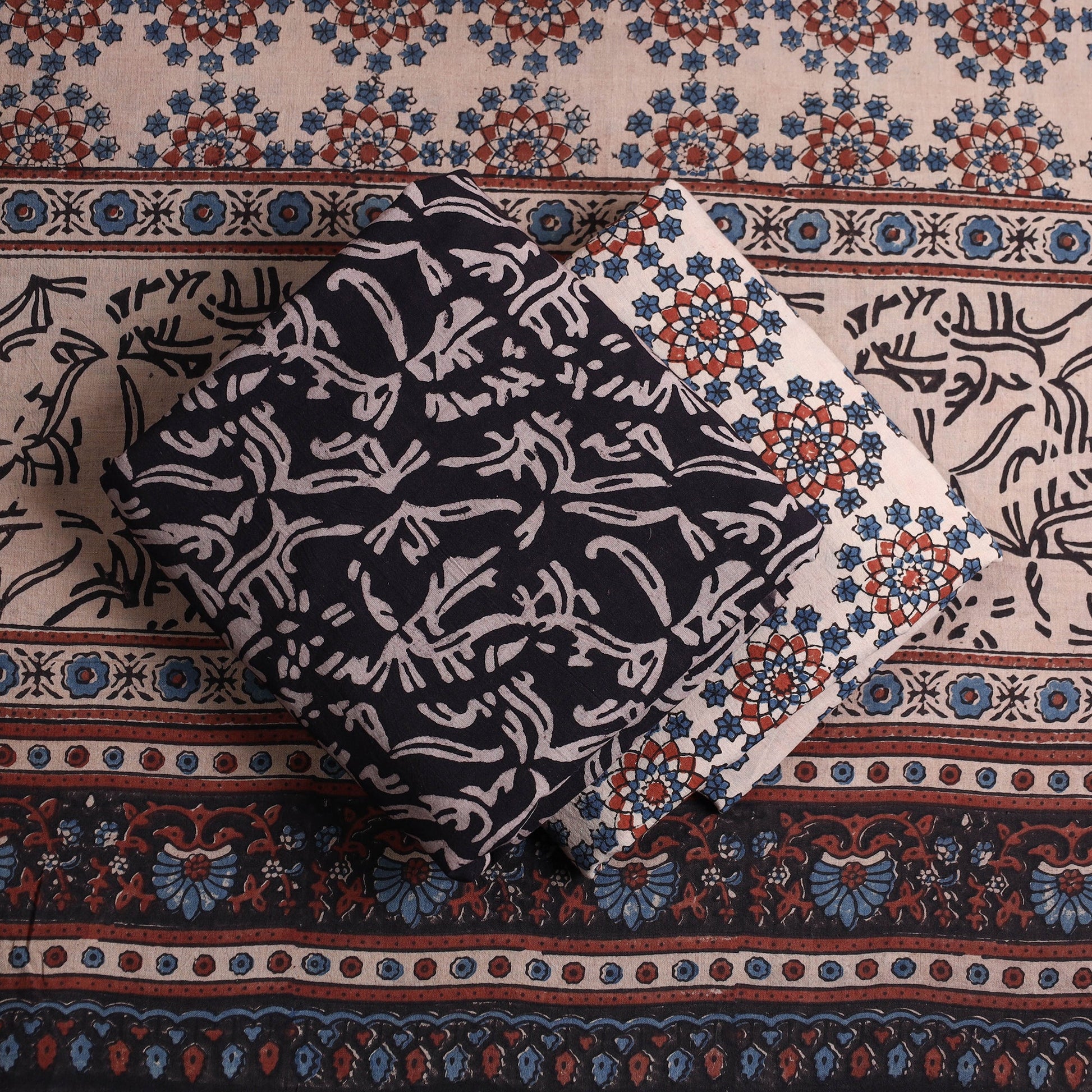 Black - Kutch Block Print Cotton 3pc Ajrakh Dress Material 06