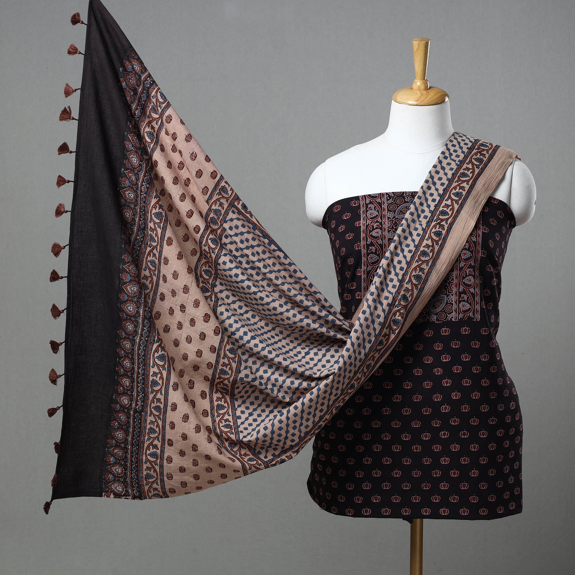 Black - Kutch Block Print Cotton 3pc Ajrakh Dress Material 09